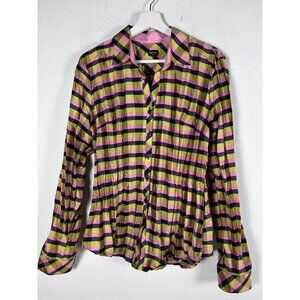 Beluva Womens Button-Down Pleated Plaid Shirt Top Large Pink/Green Long Sleeve